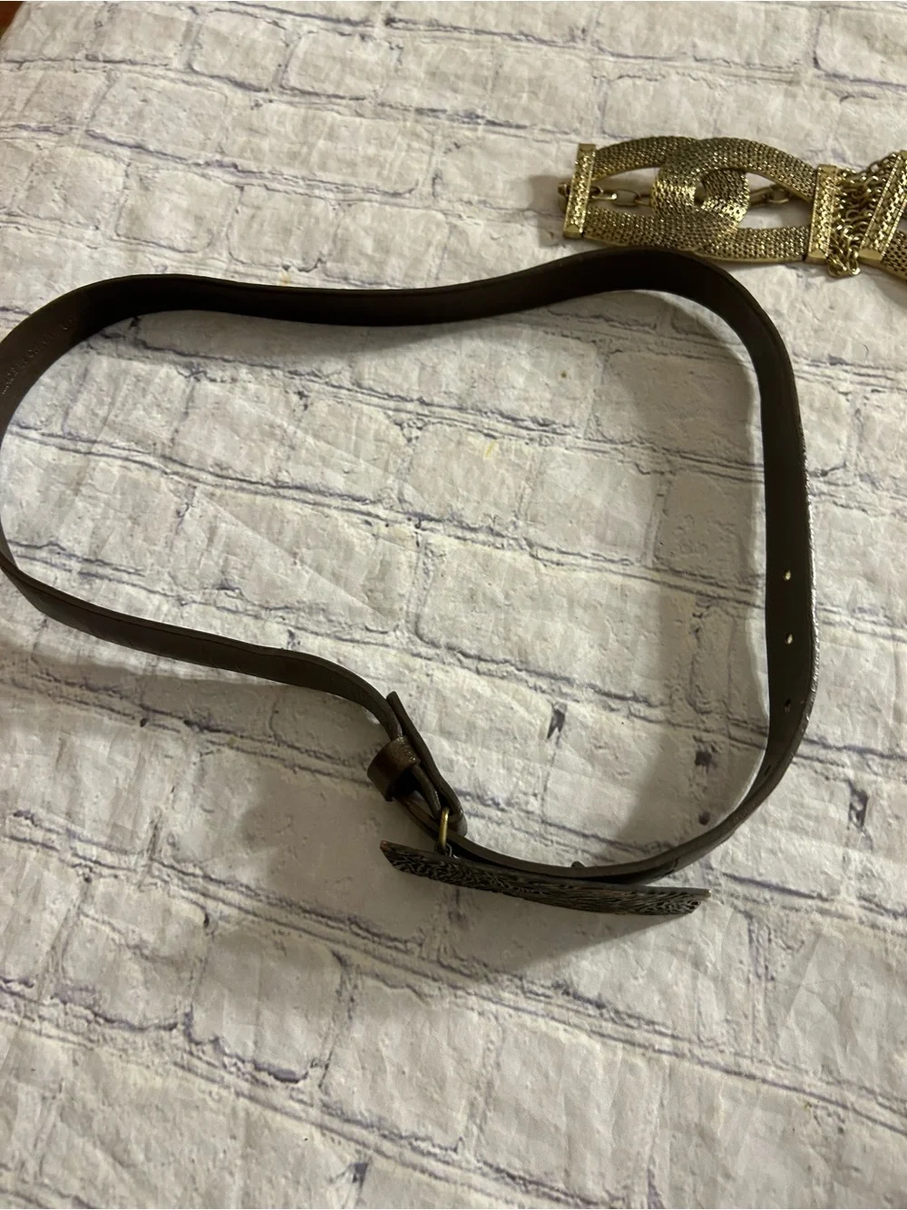 CHICO’S (2) UNIQUE STYLES GOLD CHAIN EMBELLISHED AND BROWN LEATHER BELTS